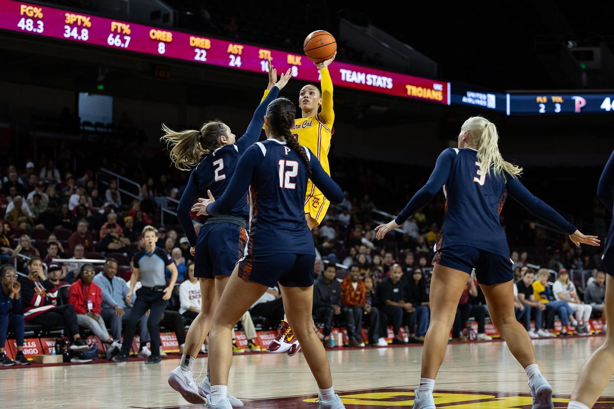 USC guard Jazzy Davidson (9) shoots during a Big Ten college basketball game against the Pepperdine Waves, Friday November 28, 2025 in Los Angeles.