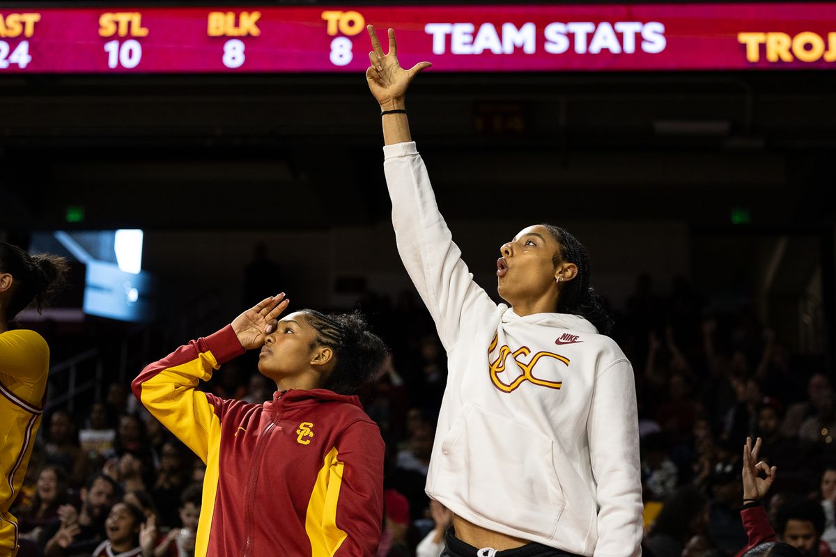 USC guard JuJu Watkins (12) celebrates during a Big Ten college basketball game against the Pepperdine Waves, Friday November 28, 2025 in Los Angeles.