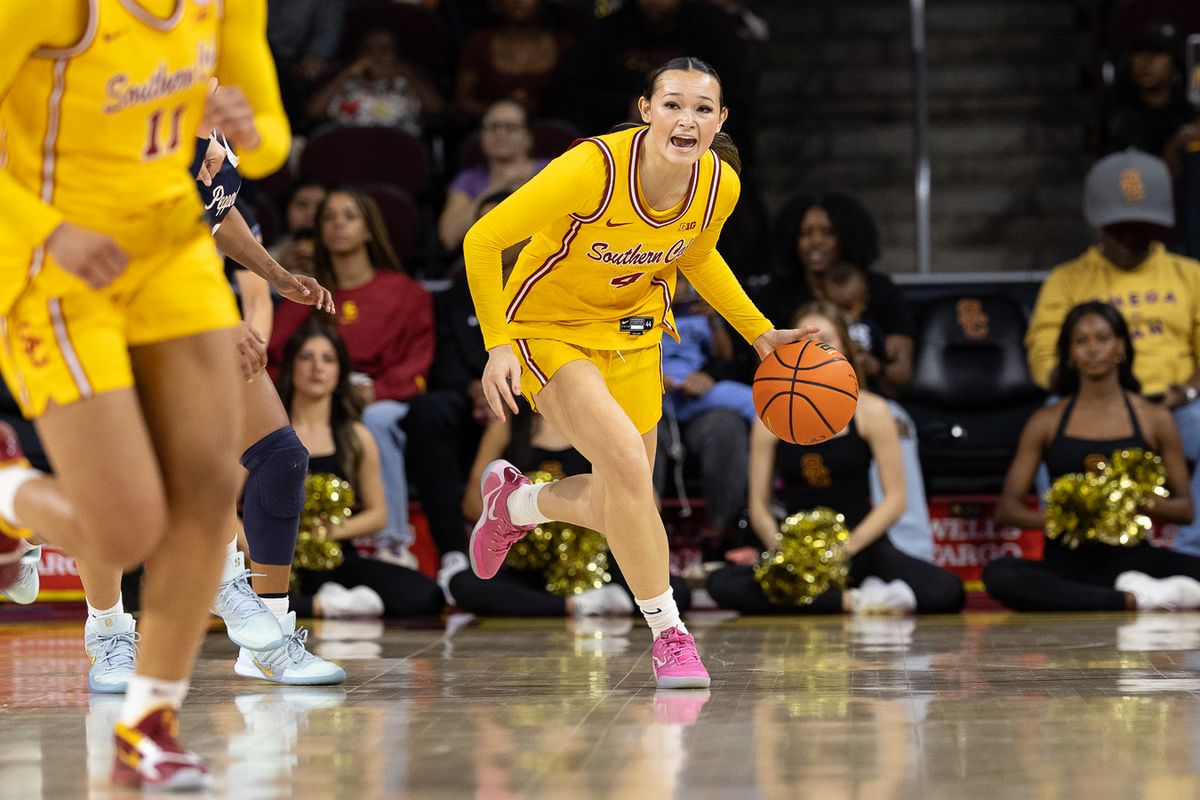 USC guard Rian Forestier (4) dribbles during a Big Ten college basketball game against the Pepperdine Waves, Friday November 28, 2025 in Los Angeles.