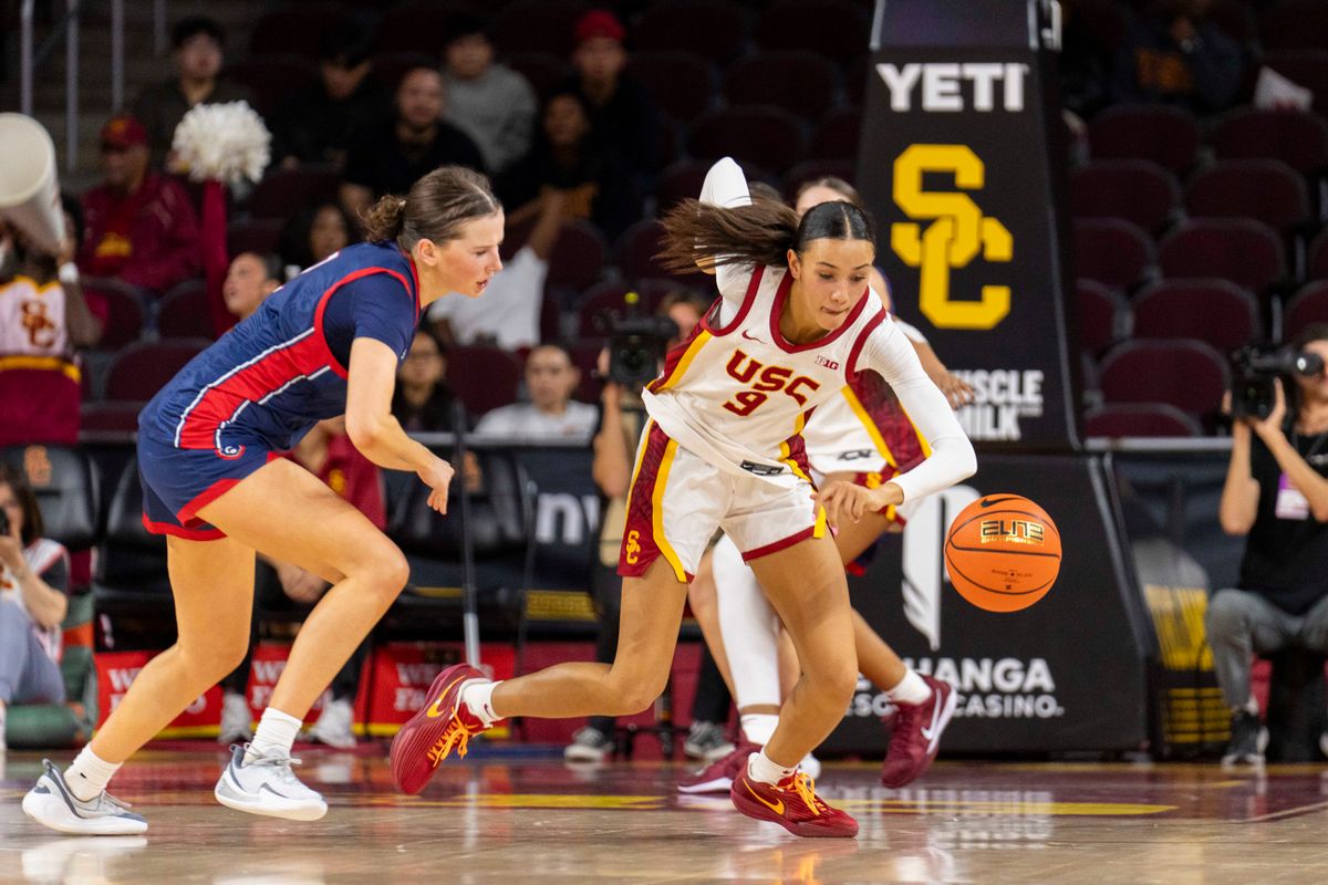 USC guard Jazzy Davidson (9) gets a steal during an NCAA basketball game against St. Mary’s, Tuesday December 2nd, 2025 in Los Angeles, California. 