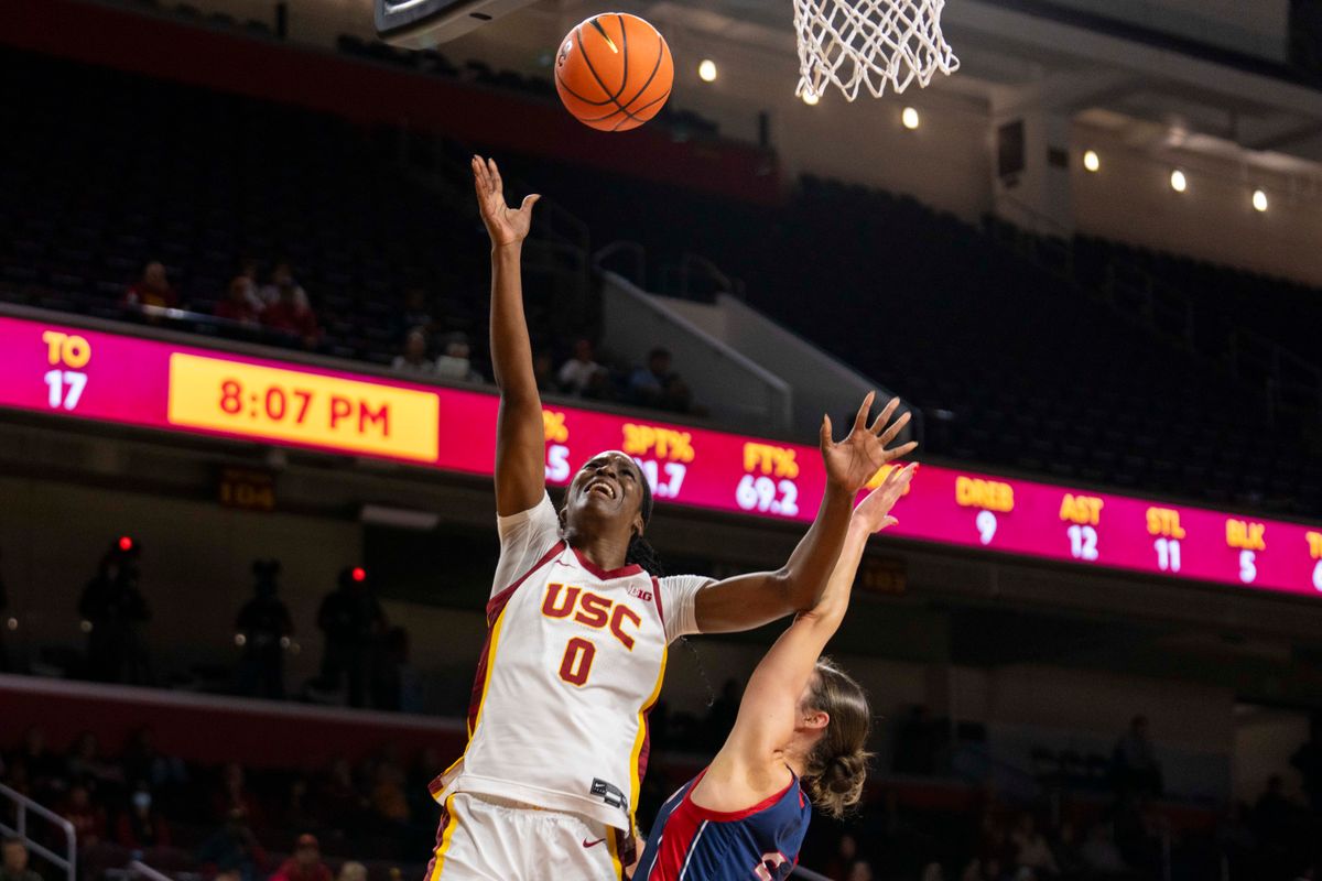 USC forward Vivian Iwuchukwu (0) gets a layup during an NCAA basketball game against St. Mary’s, Tuesday December 2nd, 2025 in Los Angeles, California. 