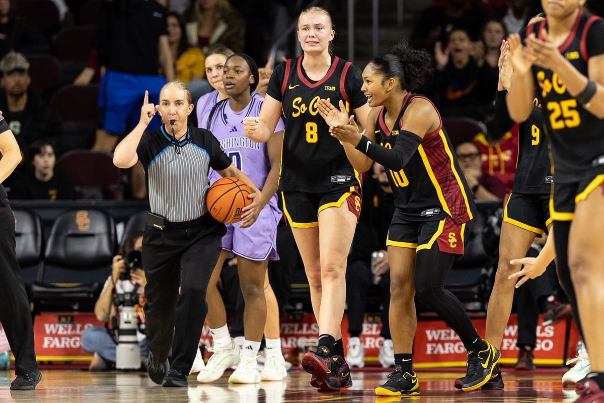 USC forward Gerda Raulusaityte (8) reacts during a Big Ten college basketball game against the Washington Huskies, Sunday December 7, 2025 in Los Angeles.