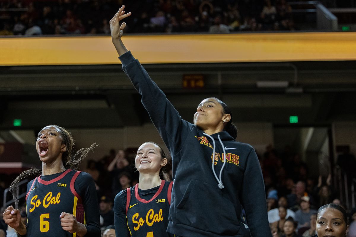 USC guard JuJu Watkins (12) celebrates during a Big Ten college basketball game against t the Washington Huskies, Sunday December 7, 2025 in Los Angeles.