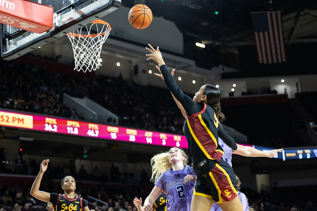 USC guard Jazzy Davidson (9) shoots during a Big Ten college basketball game against the Washington Huskies, Sunday December 7, 2025 in Los Angeles.