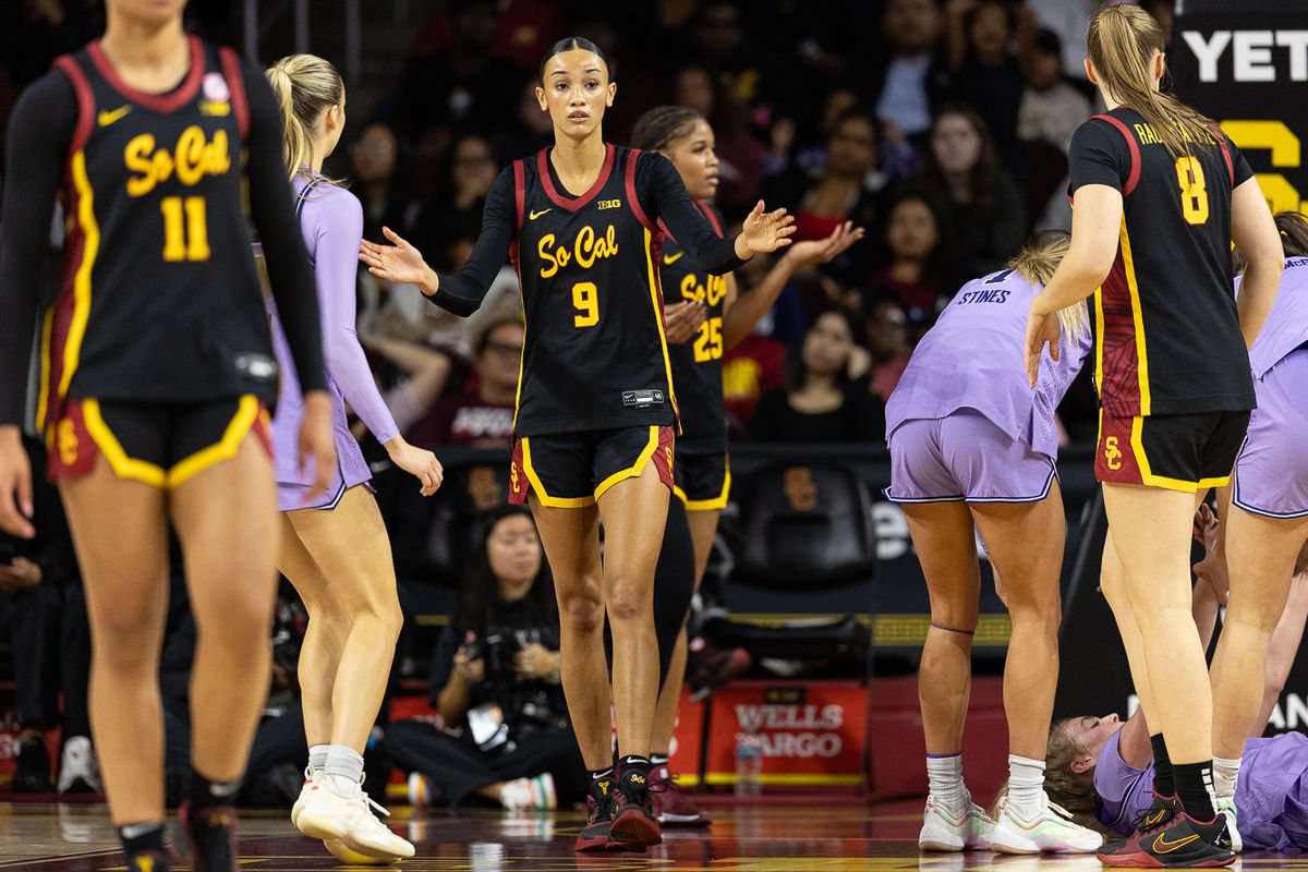 USC guard Jazzy Davidson (9) reacts during a Big Ten college basketball game against the Washington Huskies, Sunday December 7, 2025 in Los Angeles.