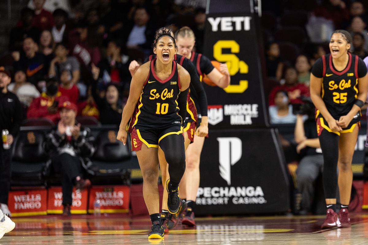 USC guard Malia Samuels (10) celebrates during a Big Ten college basketball game against the Washington Huskies, Sunday December 7, 2025 in Los Angeles.