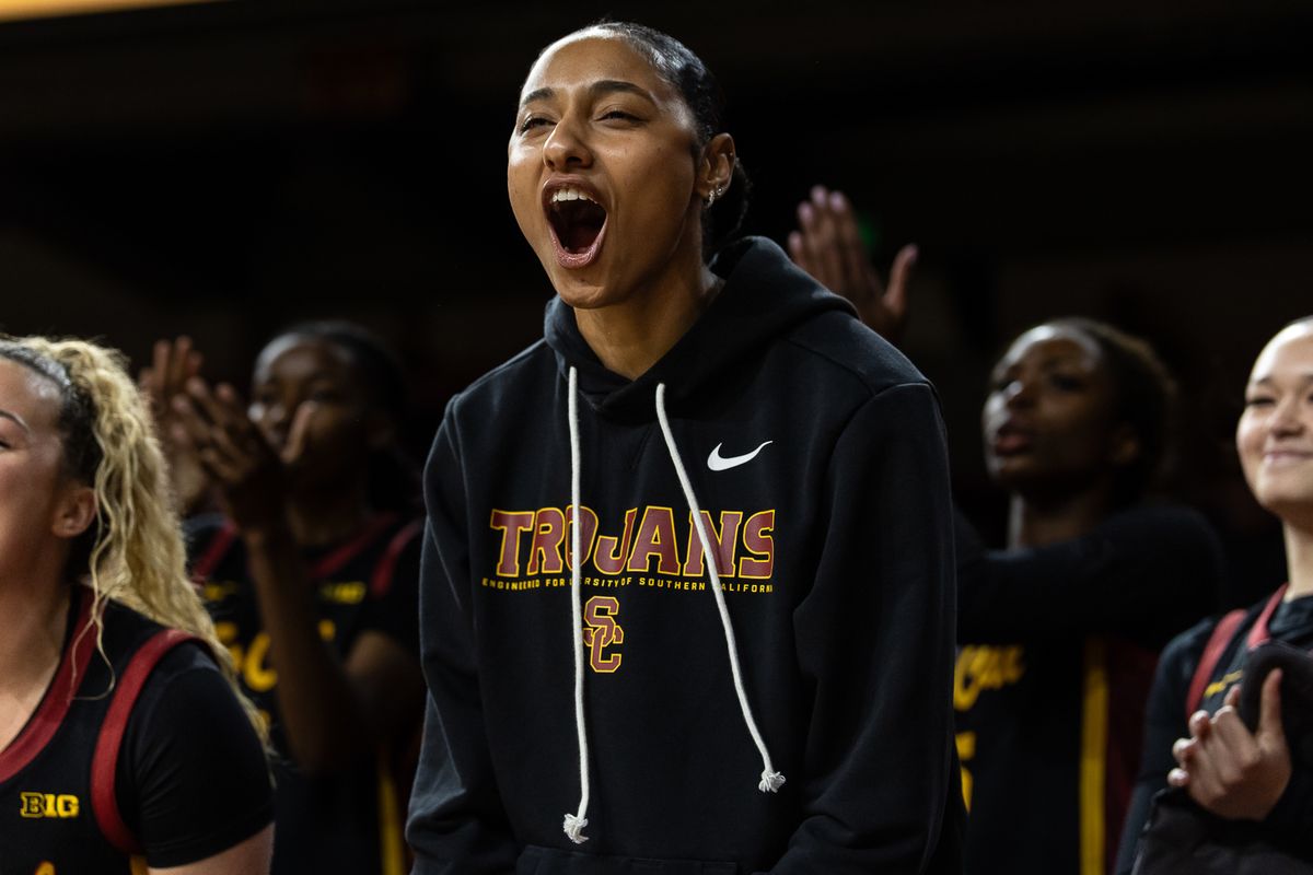 USC guard JuJu Watkins (12) celebrates during a Big Ten college basketball game against t the Washington Huskies, Sunday December 7, 2025 in Los Angeles.