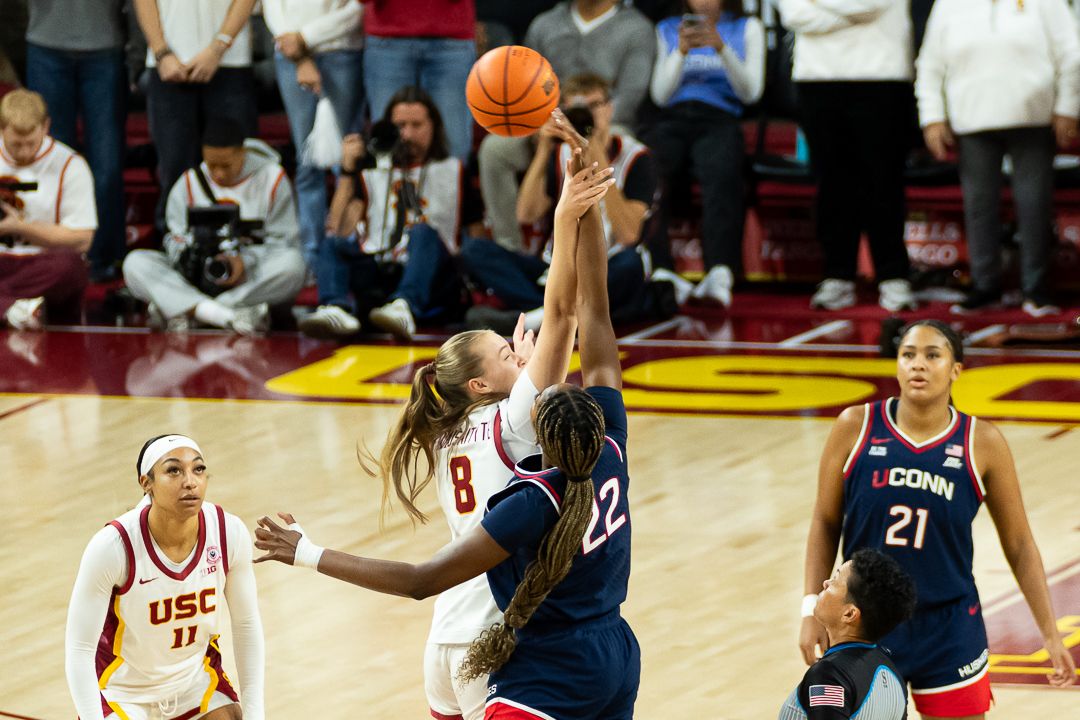 USC forward  Gerda Raulusaityte (8) tipping off during a Big 10 basketball game against the University of Connecticut, Saturday, December 13th, 2025 in Los Angeles, California