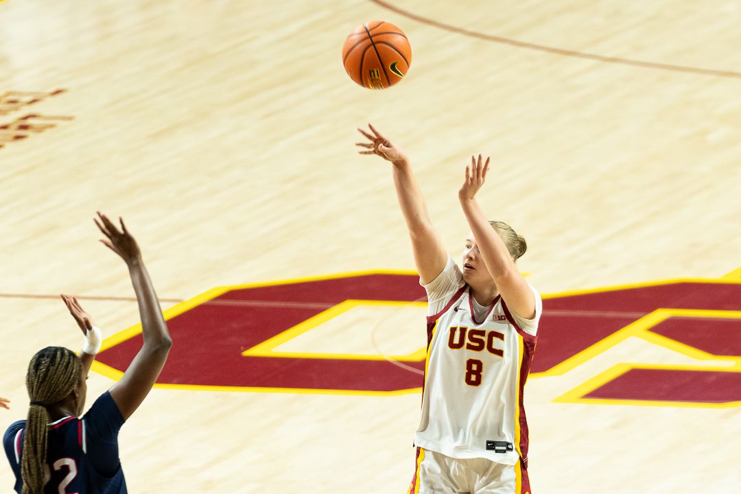 USC forward  Gerda Raulusaityte (8) takes a jump shot during a Big 10 basketball game against the University of Connecticut, Saturday, December 13th, 2025 in Los Angeles, California