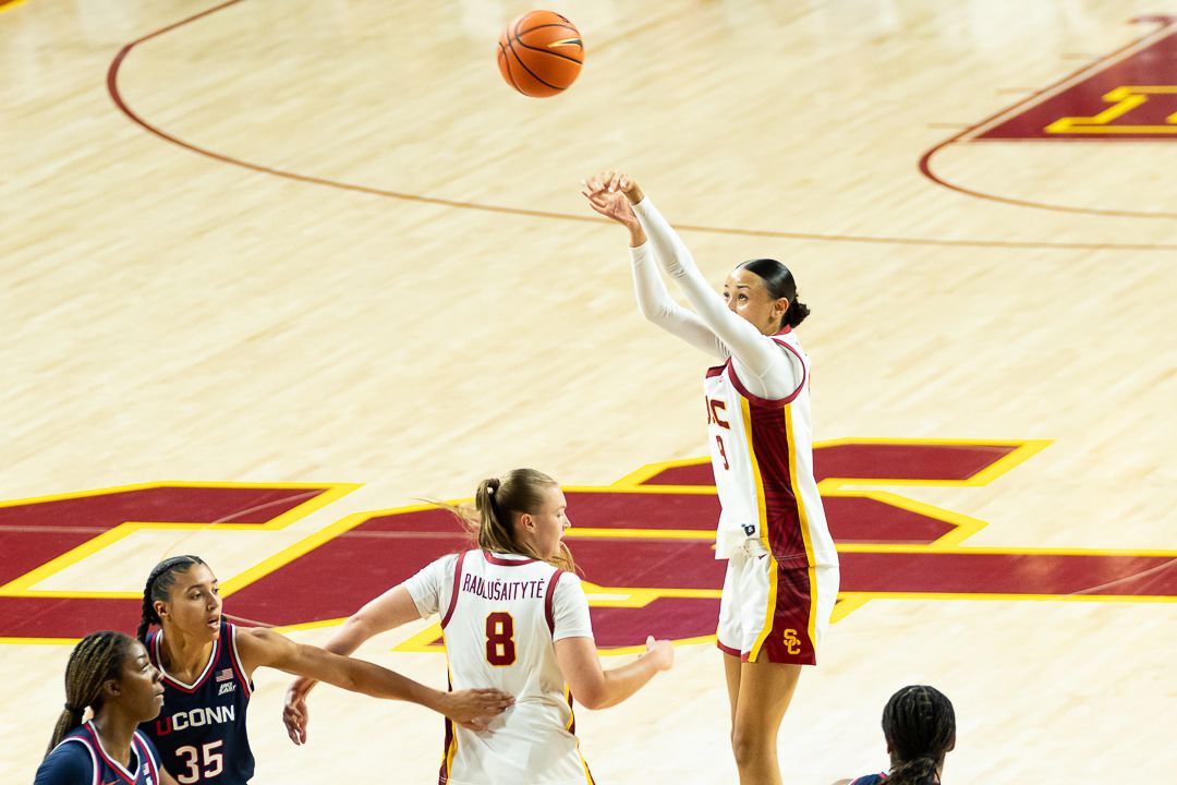 USC guard Jazzy Davidson  (9) shoots the ball during a Big 10 basketball game against the University of Connecticut, Saturday, December 13th, 2025 in Los Angeles, California