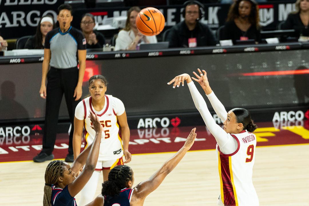 USC guard Jazzy Davidson  (9) takes a three-pointer during a Big 10 basketball game against the University of Connecticut, Saturday, December 13th, 2025 in Los Angeles, California