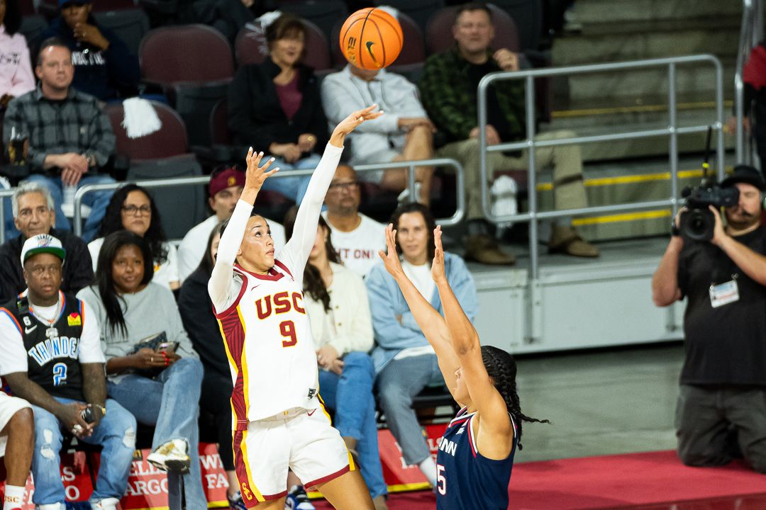 USC guard Jazzy Davidson  (9) takes a jump-shot during a Big 10 basketball game against the University of Connecticut, Saturday, December 13th, 2025 in Los Angeles, California