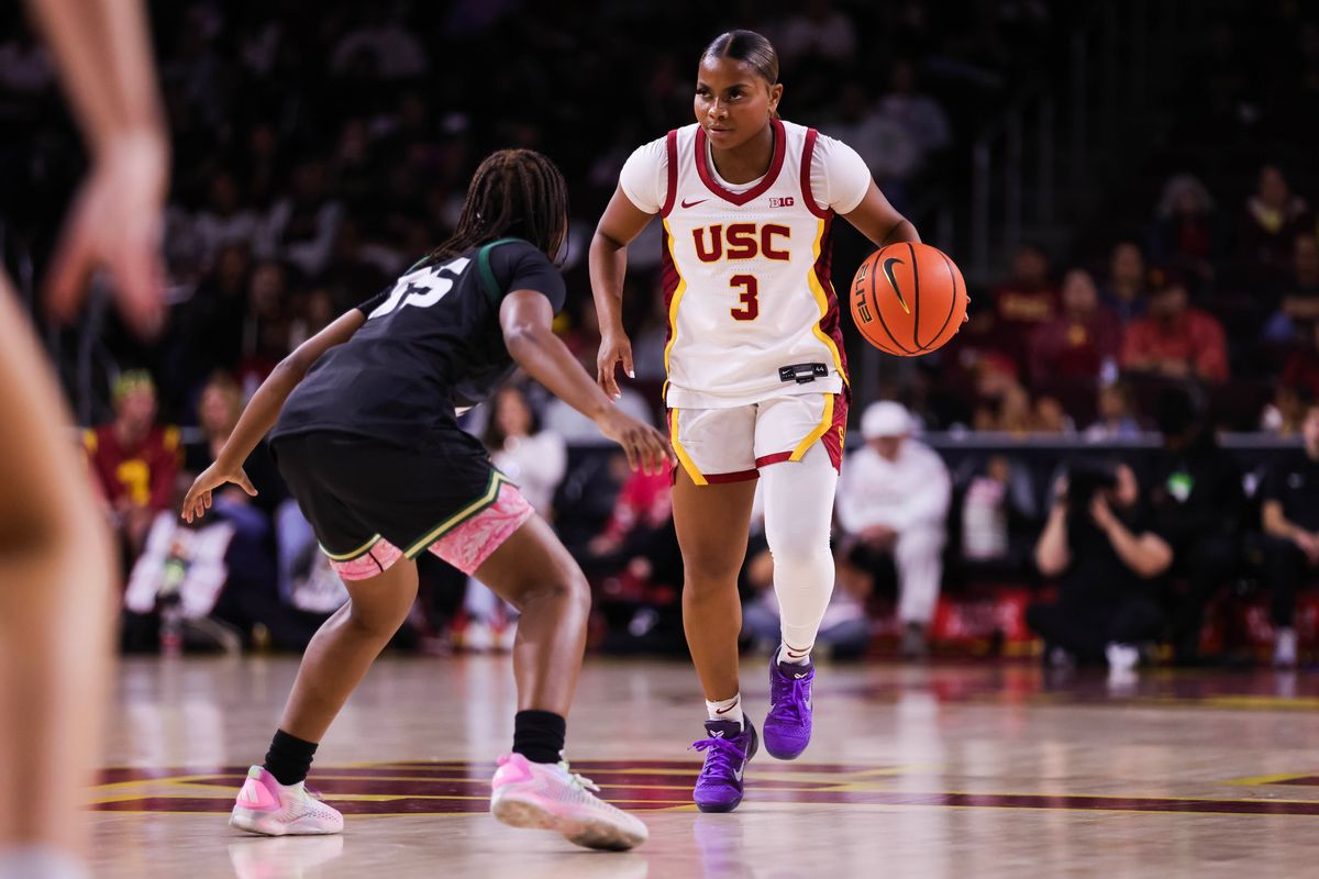 USC Trojans guard Londynn Jones (3) dribbles during the women's college basketball game against the Cal Poly Mustangs, Thursday December 18th, 2025 at Galen Center in Los Angeles, Calif.