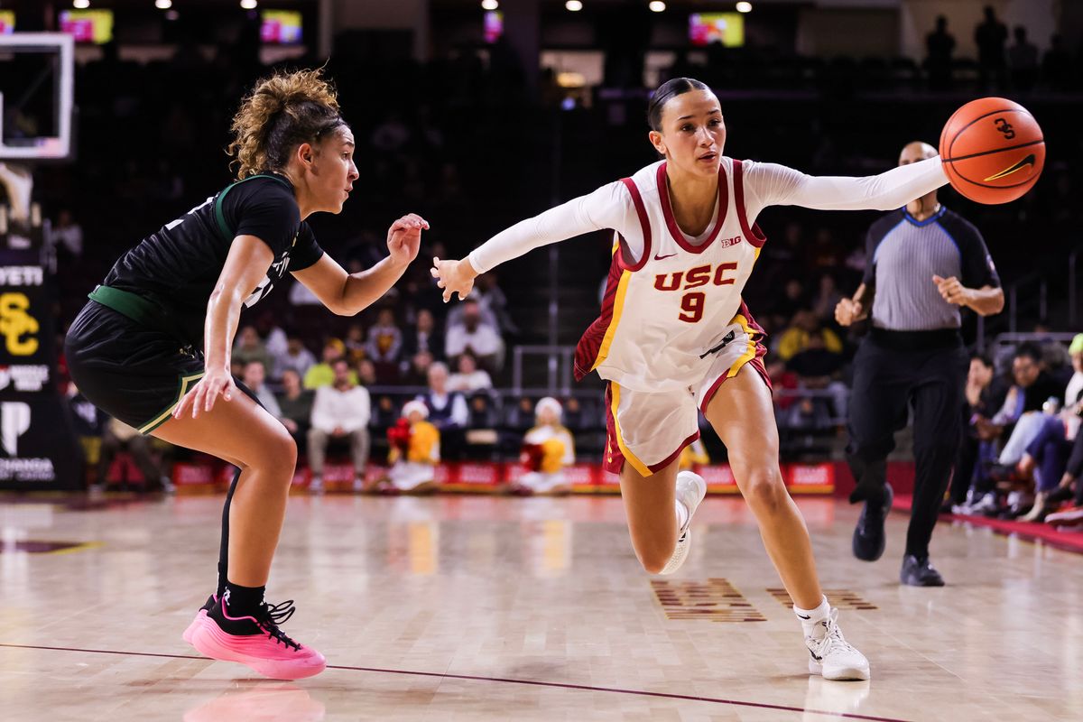 USC Trojans guard Jazzy Davidson (9) controls the ball during the women's college basketball game against the Cal Poly Mustangs, Thursday December 18th, 2025 at Galen Center in Los Angeles, Calif.