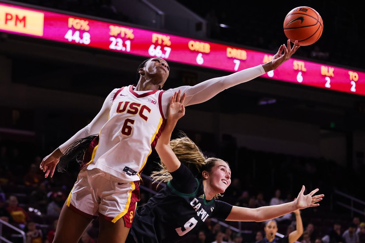 USC Trojans forward Vivian Laura Williams (6) reaches for the ball during the women's college basketball game against the Cal Poly Mustangs, Thursday December 18th, 2025 at Galen Center in Los Angeles, Calif.