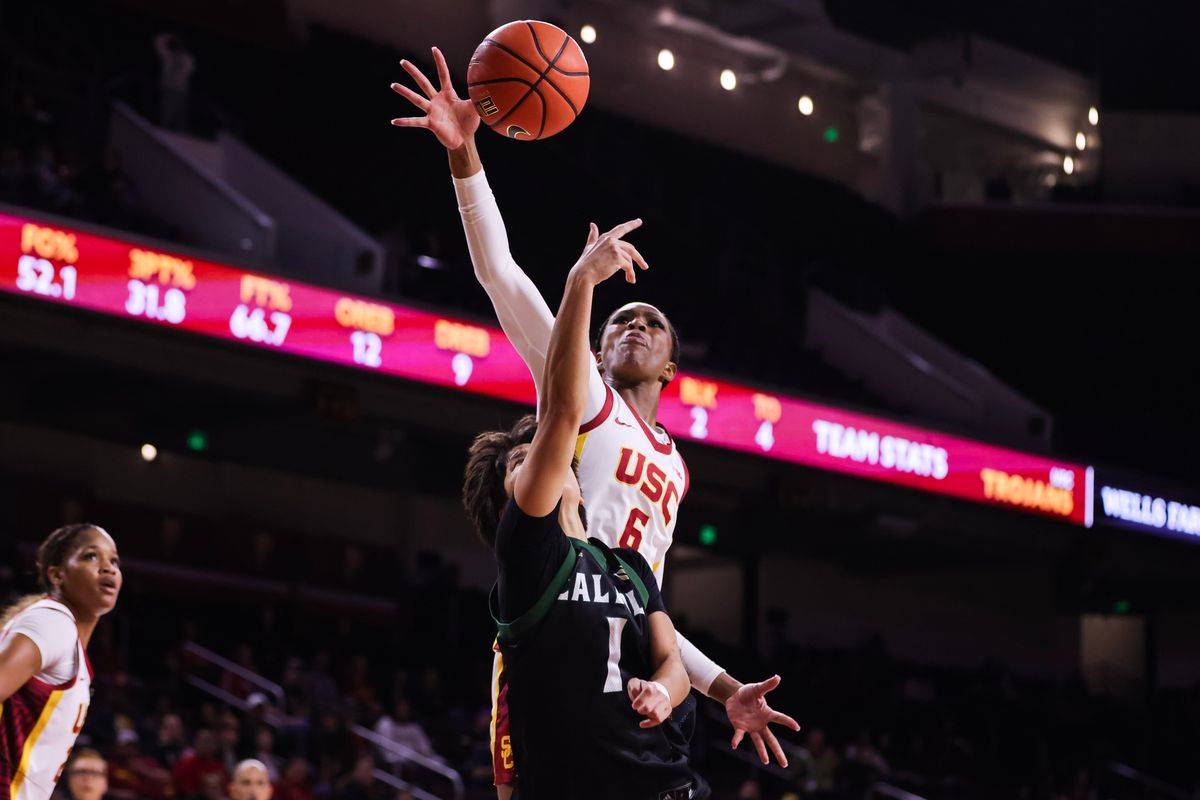 USC Trojans forward Vivian Laura Williams (6) blocks during the women's college basketball game against the Cal Poly Mustangs, Thursday December 18th, 2025 at Galen Center in Los Angeles, Calif.
