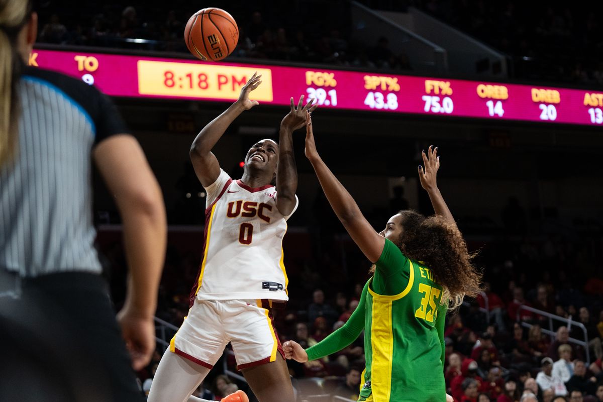 USC Trojans Forward Vivian Iwuchukwu (0) gets fouled on a tough lay up during a women's college basketball game against the Oregon Ducks, Tuesday January 6th, 2026 at Galen Center in Los Angeles, Calif.
