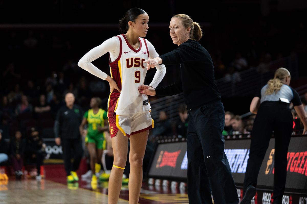 USC Trojans Guard Jazzy Davidson (9) gets guidance from her coach during a women's college basketball game against the Oregon Ducks, Tuesday January 6th, 2026 at Galen Center in Los Angeles, Calif.
