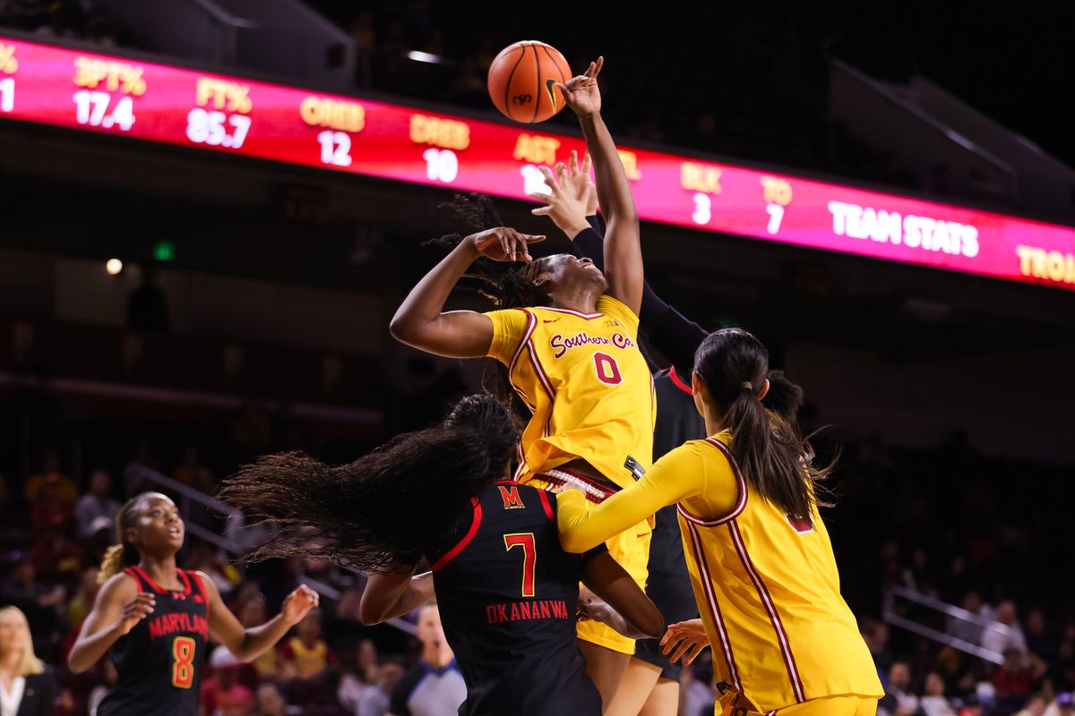 USC Trojans forward Vivian Iwuchukwu (0) reaches for the ball during the women's college basketball game against the Maryland Terrapins, Thursday January 15th, 2026 at Galen Center in Los Angeles, Calif.