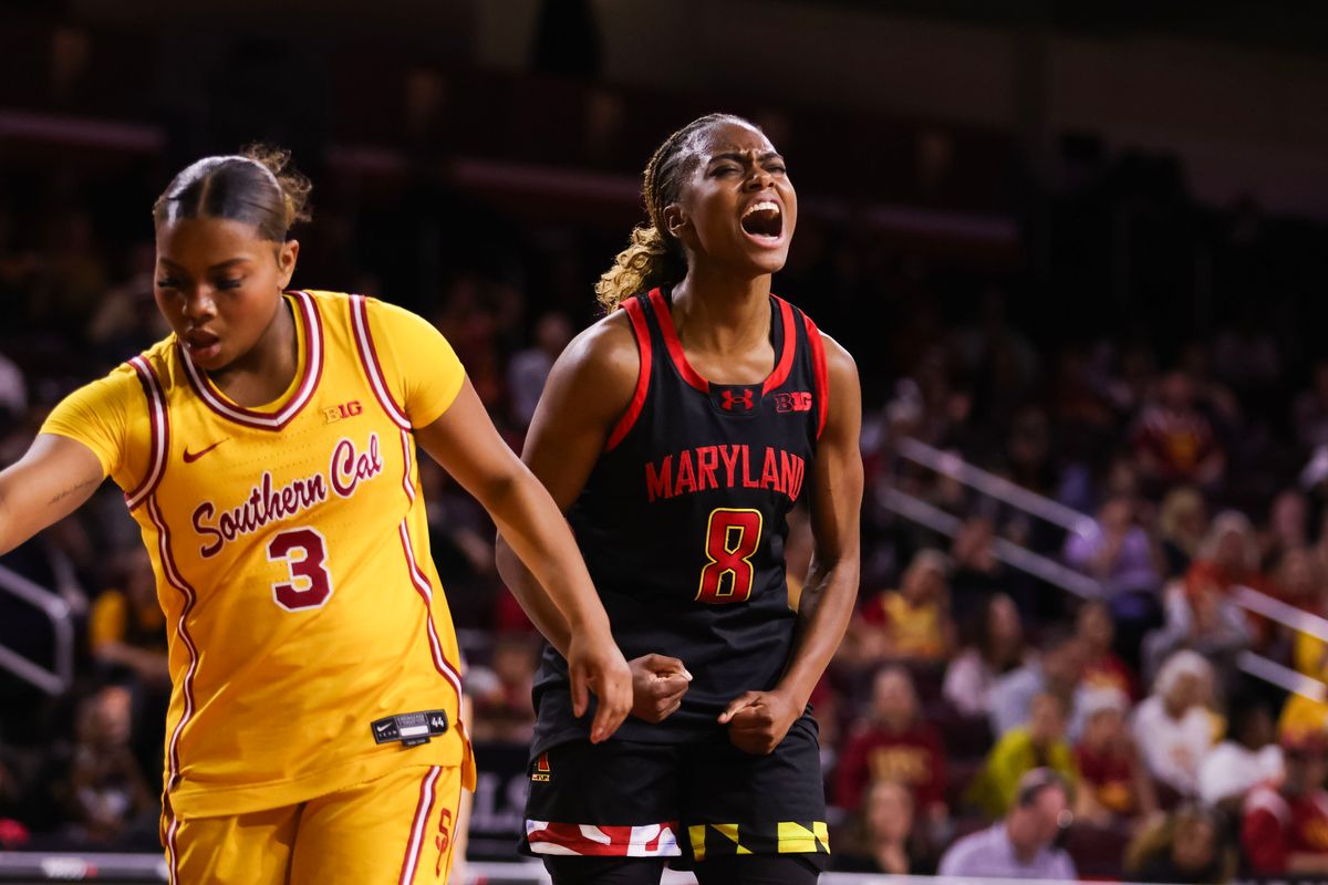 Maryland Terrapins guard Kyndal Walker (8) reacts during the women's college basketball game against the USC Trojans, Thursday January 15th, 2026 at Galen Center in Los Angeles, Calif.