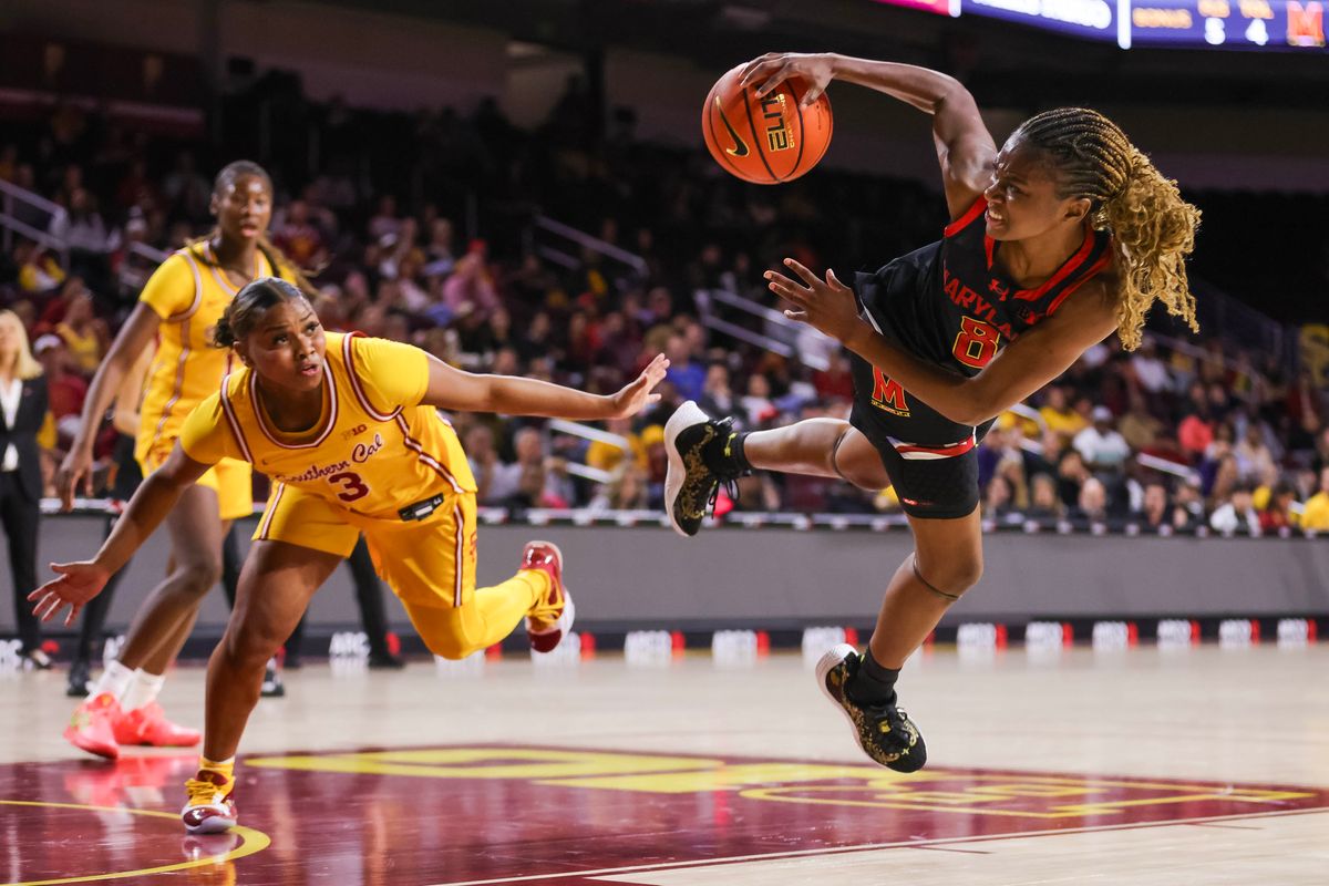 Maryland Terrapins guard Kyndal Walker (8) jumps with the ball during the women's college basketball game against the USC Trojans, Thursday January 15th, 2026 at Galen Center in Los Angeles, Calif.