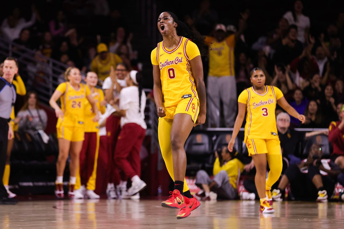 USC Trojans forward Vivian Iwuchukwu (0) reacts during the women's college basketball game against the Maryland Terrapins, Thursday January 15th, 2026 at Galen Center in Los Angeles, Calif.