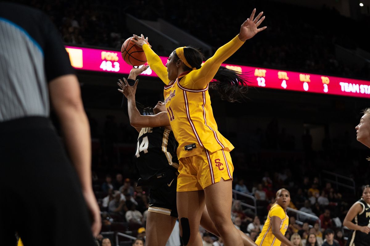 USC Trojans Guard Kennedy Smith (11) with a block on her opponent during a women's college basketball game against the Purdue Boilermakers, Sunday January 18th, 2026 at Galen Center in Los Angeles, Calif.