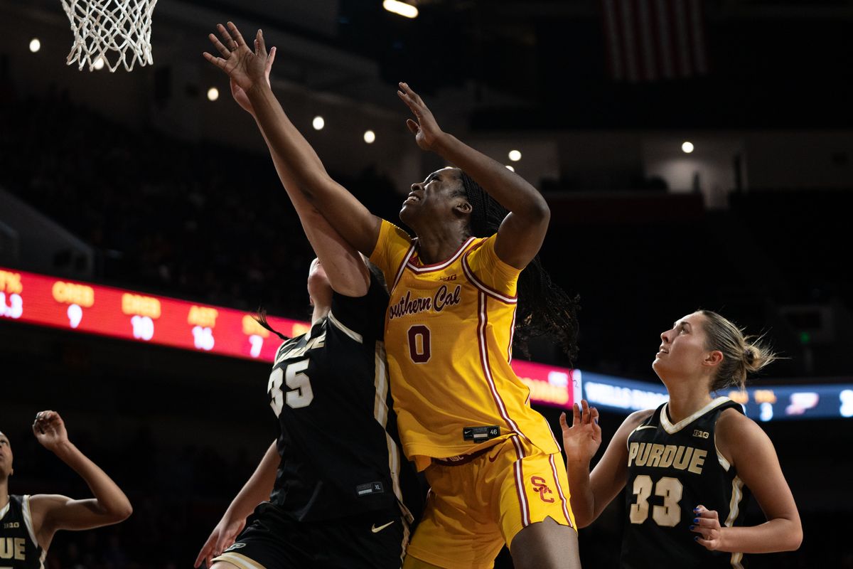 USC Trojans Forward Vivian Iwuchukwu (0) attempts a rebound off a miss shot during a women's college basketball game against the Purdue Boilermakers, Sunday January 18th, 2026 at Galen Center in Los Angeles, Calif.