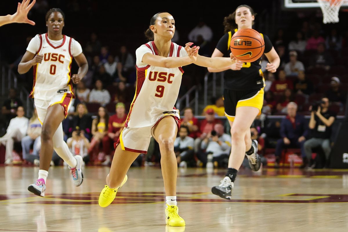 USC guard Jazzy Davidson (9) passes the basketball during an NCAA basketball game against the Iowa Hawkeyes on January 29, 2026 in Los Angeles, CA.