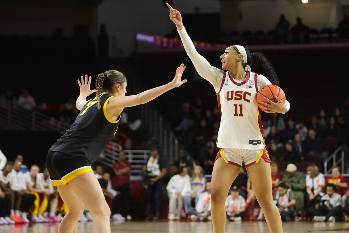 USC guard Kennedy Smith (11) directs teammates on the floor during an NCAA basketball game against the Iowa Hawkeyes on January 29, 2026 in Los Angeles, CA.