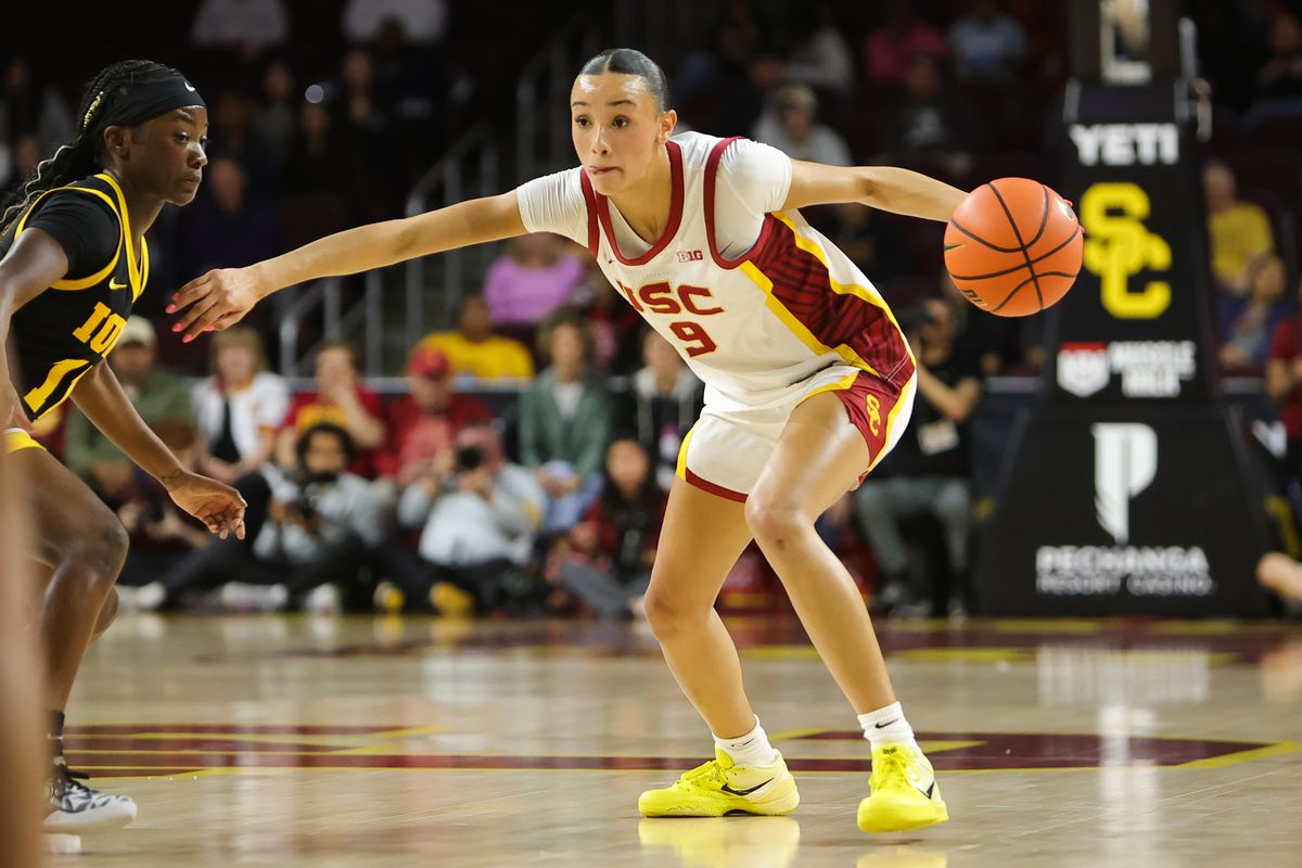 USC guard Jazzy Davidson (9) dribbles the basketball during an NCAA basketball game against the Iowa Hawkeyes on January 29, 2026 in Los Angeles, CA.