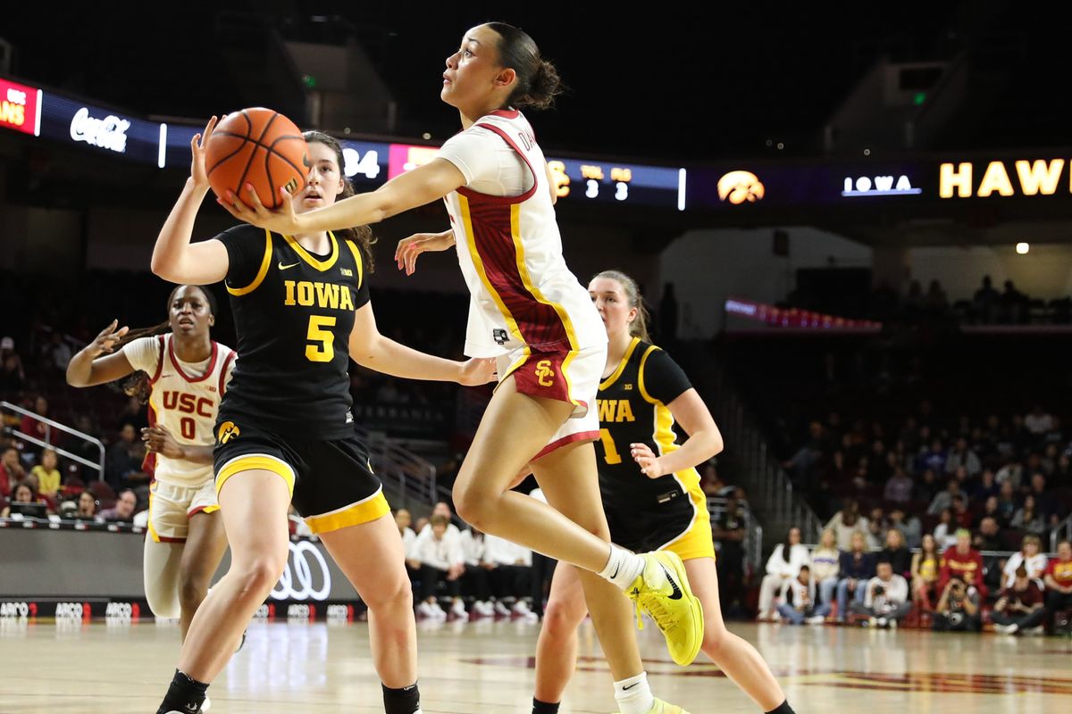 USC guard Jazzy Davidson (9) attempts a lay up during an NCAA basketball game against the Iowa Hawkeyes on January 29, 2026 in Los Angeles, CA.