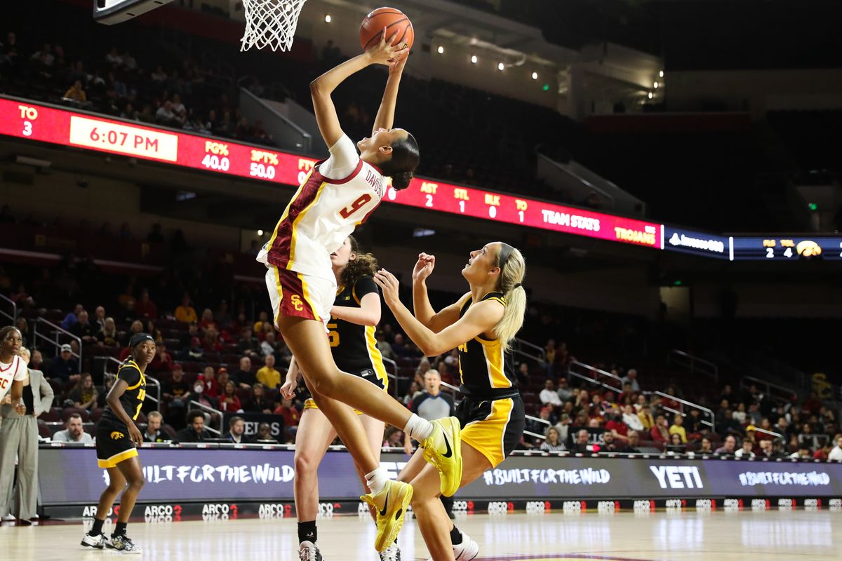 USC guard Jazzy Davidson (9) shoots the baksetball during an NCAA basketball game against the Iowa Hawkeyes on January 29, 2026 in Los Angeles, CA.