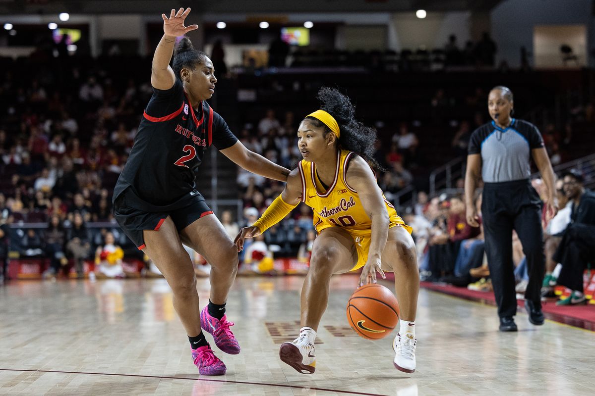 USC guard Malia Samuels (10) dribbles during a Big Ten college basketball game against the Rutgers Scarlet Knights, Sunday February 1, 2026  in Los Angeles.