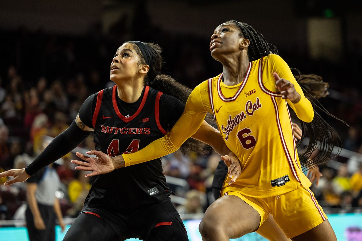 USC forward Laura Williams (6) fights for the rebound during a Big Ten college basketball game against the Rutgers Scarlet Knights, Sunday February 1, 2026  in Los Angeles.