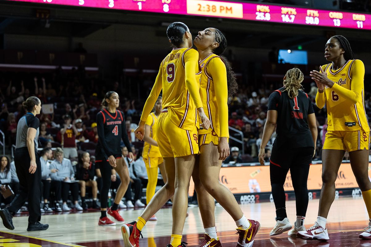USC guard Kennedy Smith (11) celebrates during a Big Ten college basketball game against the Rutgers Scarlet Knights, Sunday February 1, 2026  in Los Angeles.