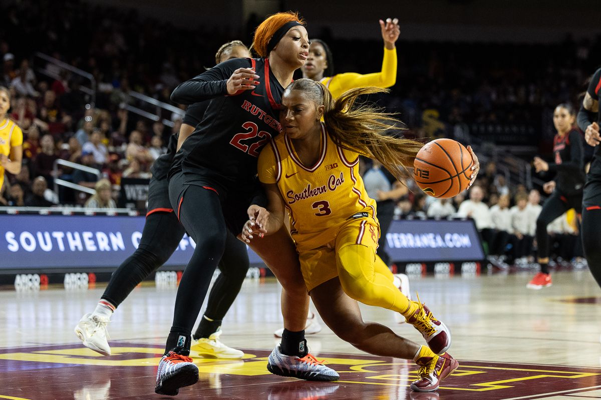 USC guard Londynn Jones (3) dribbles during a Big Ten college basketball game against the Rutgers Scarlet Knights, Sunday February 1, 2026  in Los Angeles.
