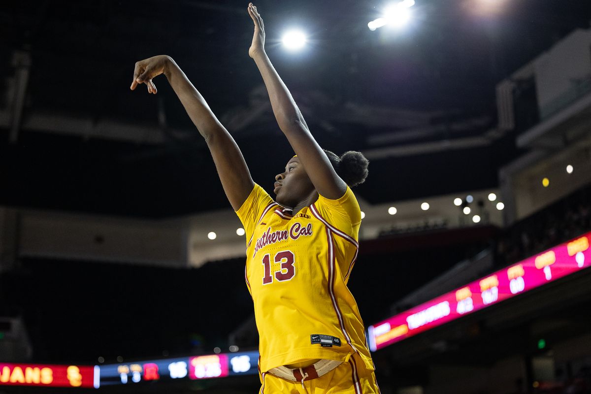 USC forward Dayana Mendes (13) shoots during a Big Ten college basketball game against the Rutgers Scarlet Knights, Sunday February 1, 2026  in Los Angeles.