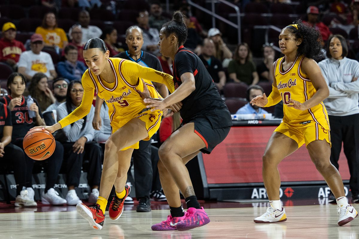 USC guard Jazzy Davidson (9) dribbles during a Big Ten college basketball game against the Rutgers Scarlet Knights, Sunday February 1, 2026  in Los Angeles.
