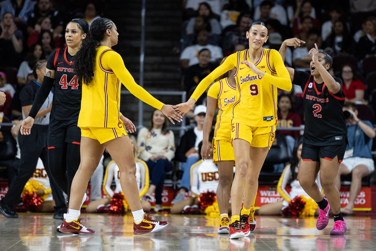 USC guard Jazzy Davidson (9) celebrates during a Big Ten college basketball game against the Rutgers Scarlet Knights, Sunday February 1, 2026  in Los Angeles.