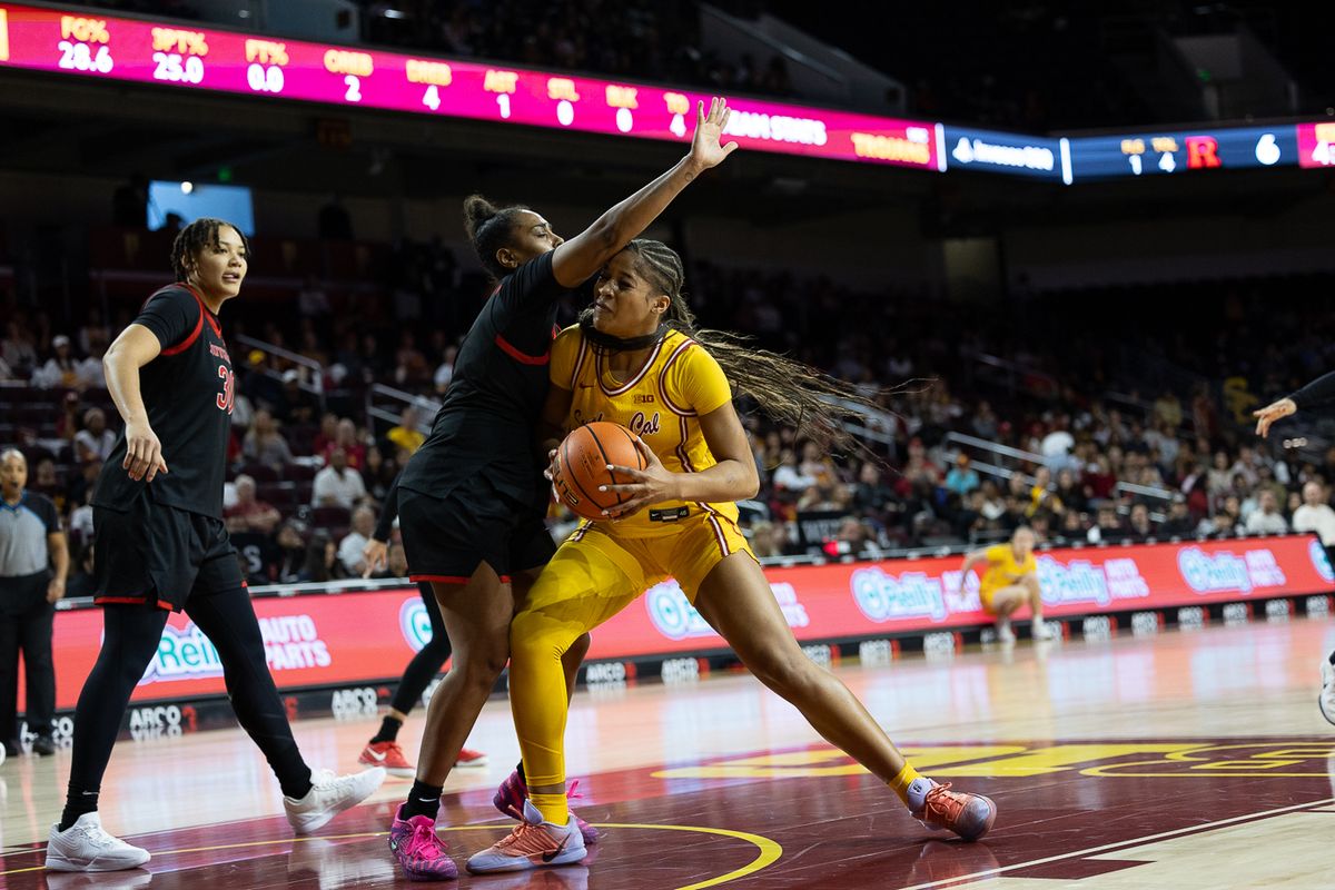 USC guard Kara Dunn (25) goes up for a shot during a Big Ten college basketball game against the Rutgers Scarlet Knights, Sunday February 1, 2026  in Los Angeles.