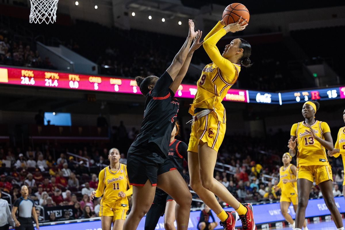USC guard Jazzy Davidson (9) shoots during a Big Ten college basketball game against the Rutgers Scarlet Knights, Sunday February 1, 2026  in Los Angeles.