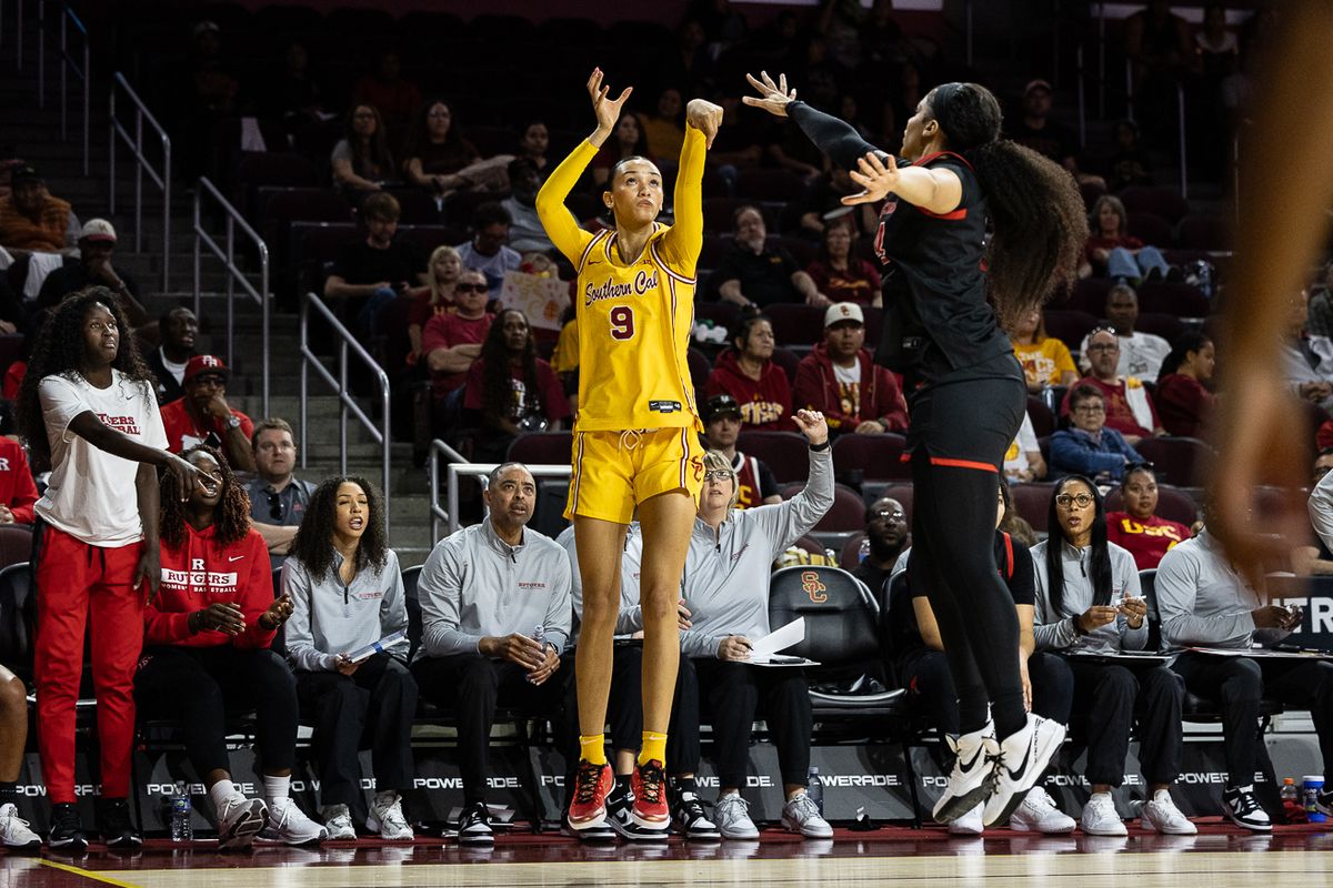 USC guard Jazzy Davidson (9) shoots during a Big Ten college basketball game against the Rutgers Scarlet Knights, Sunday February 1, 2026  in Los Angeles.