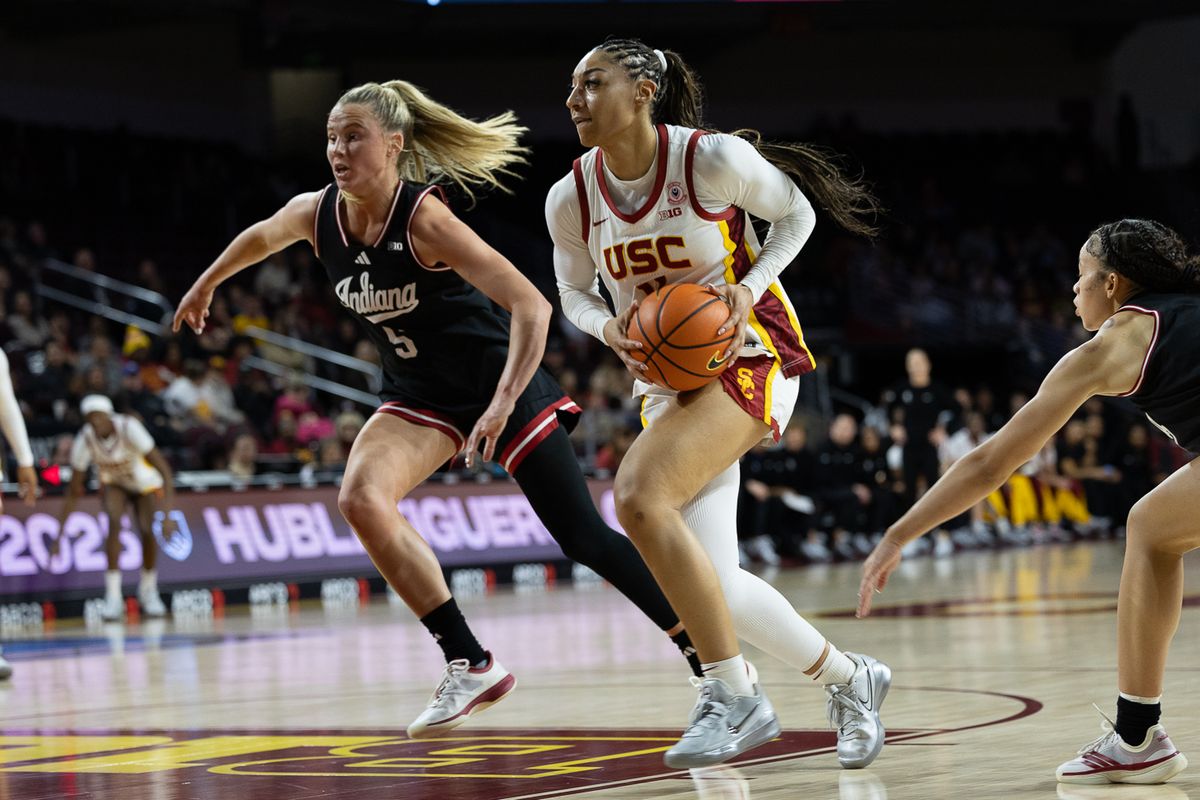 USC guard Kennedy Smith (11) dribbles during a Big Ten college basketball game against the Hoosiers, Thursday February 12, 2026  in Los Angeles.