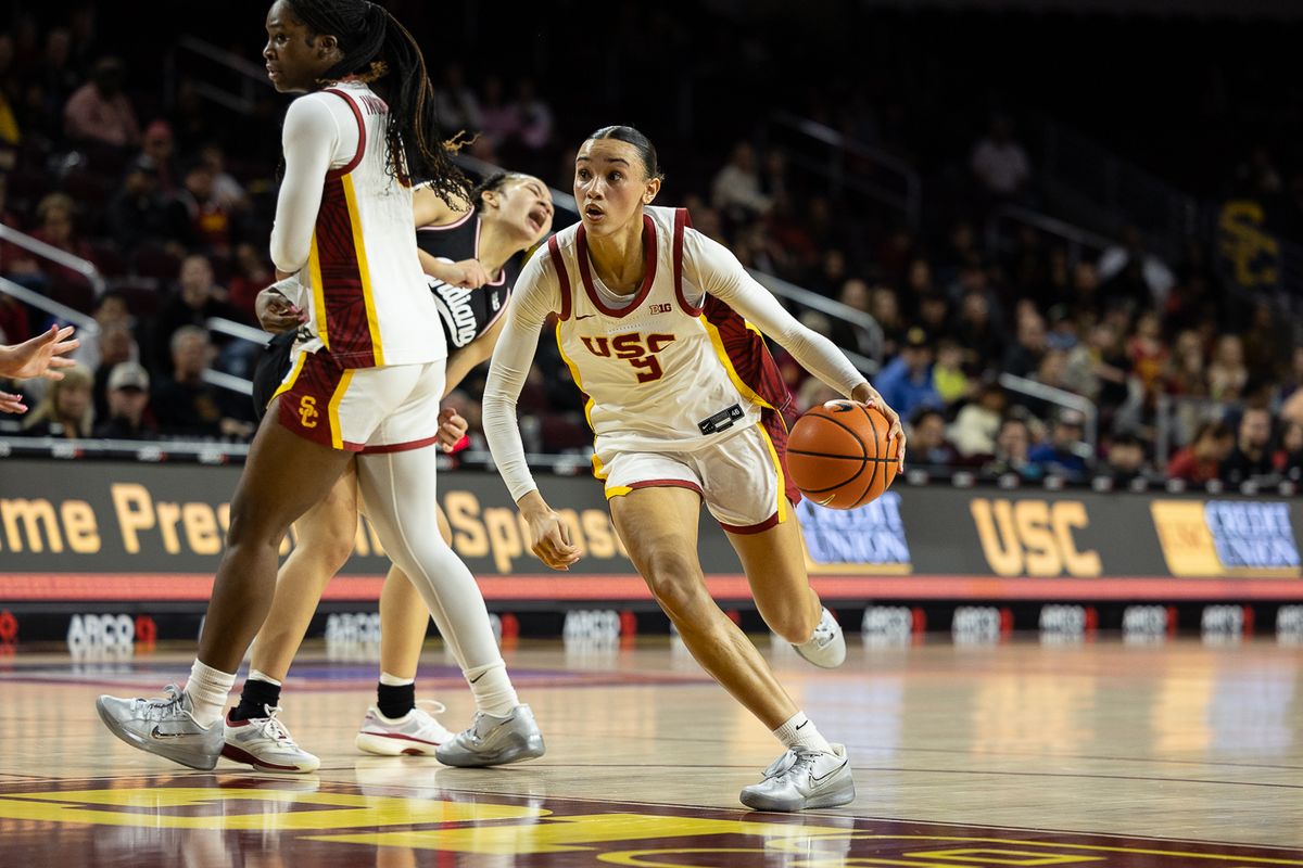 USC guard Jazzy Davidson (9) dribbles during a Big Ten college basketball game against the Hoosiers, Thursday February 12, 2026  in Los Angeles.
