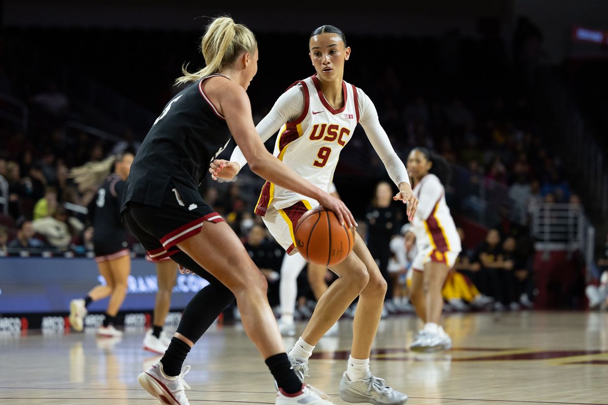 USC guard Jazzy Davidson (9) defends during a Big Ten college basketball game against the Hoosiers, Thursday February 12, 2026  in Los Angeles.
