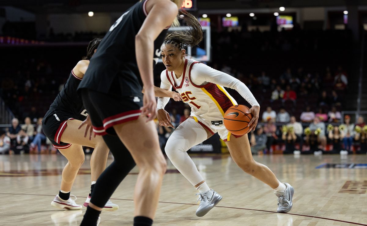 USC guard Kennedy Smith (11) dribbles during a Big Ten college basketball game against the Hoosiers, Thursday February 12, 2026  in Los Angeles.