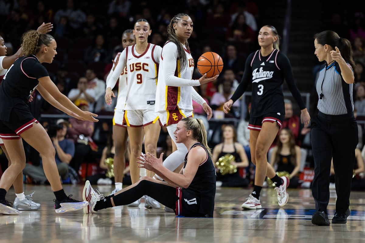 USC guard Kennedy Smith (11) reacts during a Big Ten college basketball game against the Hoosiers, Thursday February 12, 2026  in Los Angeles.