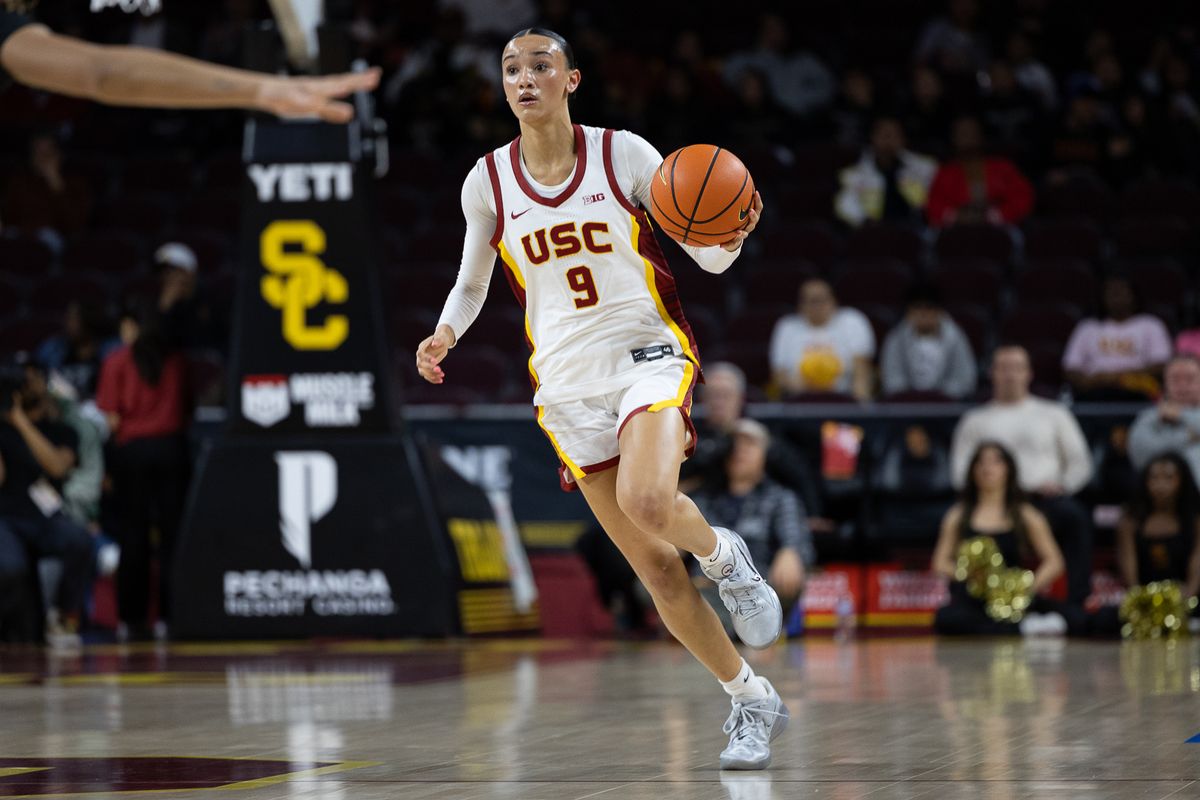 USC guard Jazzy Davidson (9) dribbles up the court during a Big Ten college basketball game against the Hoosiers, Thursday February 12, 2026  in Los Angeles.