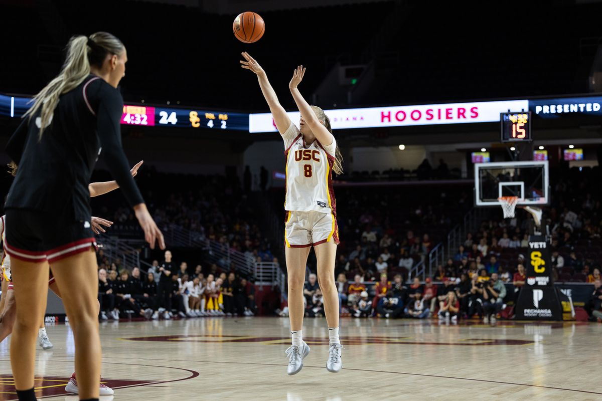 USC forward Gerda Raulusaityte (8) shoots during a Big Ten college basketball game against the Hoosiers, Thursday February 12, 2026  in Los Angeles.